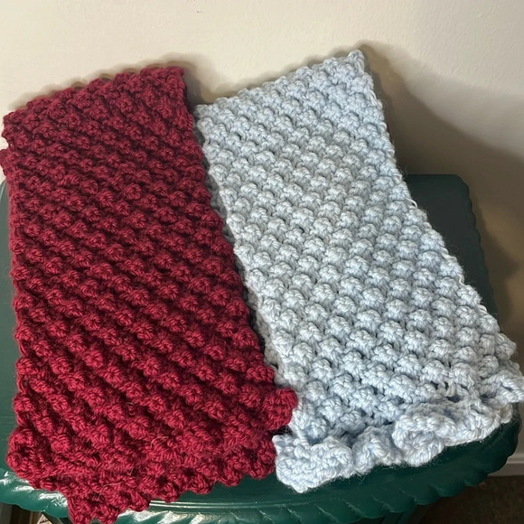 Pair Handmade Knit Wool Blend Vintage Blue & Burgundy Popcorn Rectangle Scarves - Picture 1 of 5